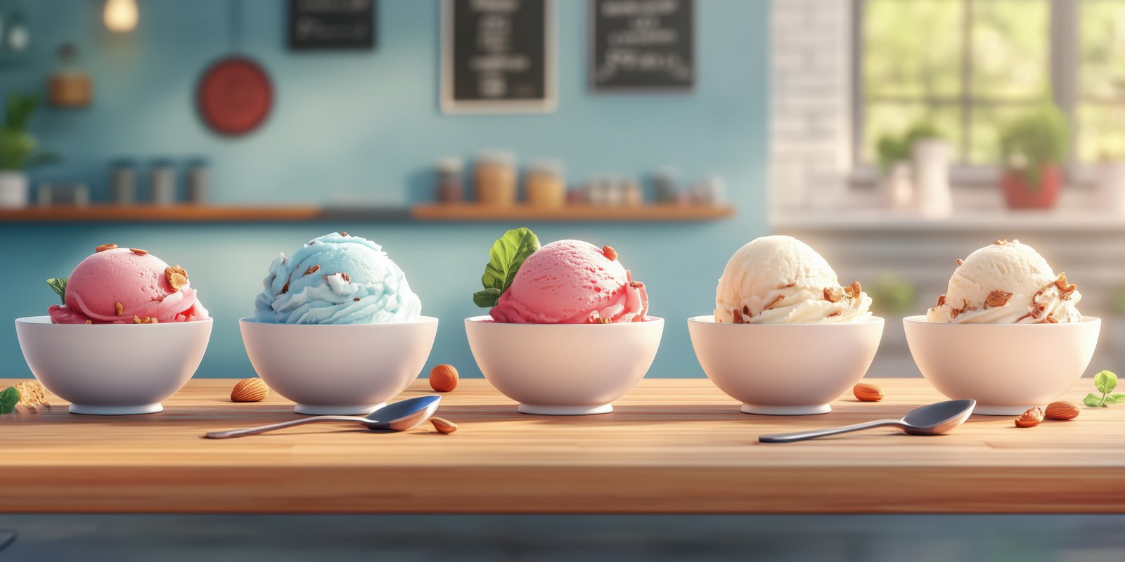 Delicious bowls of colorful ice cream served on a wooden table in a bright kitchen setting with natural light